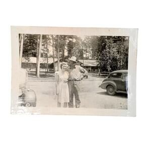 Vtg Couple Posing on Vacation Original Monochrome Photo 1946 Found Snapshot